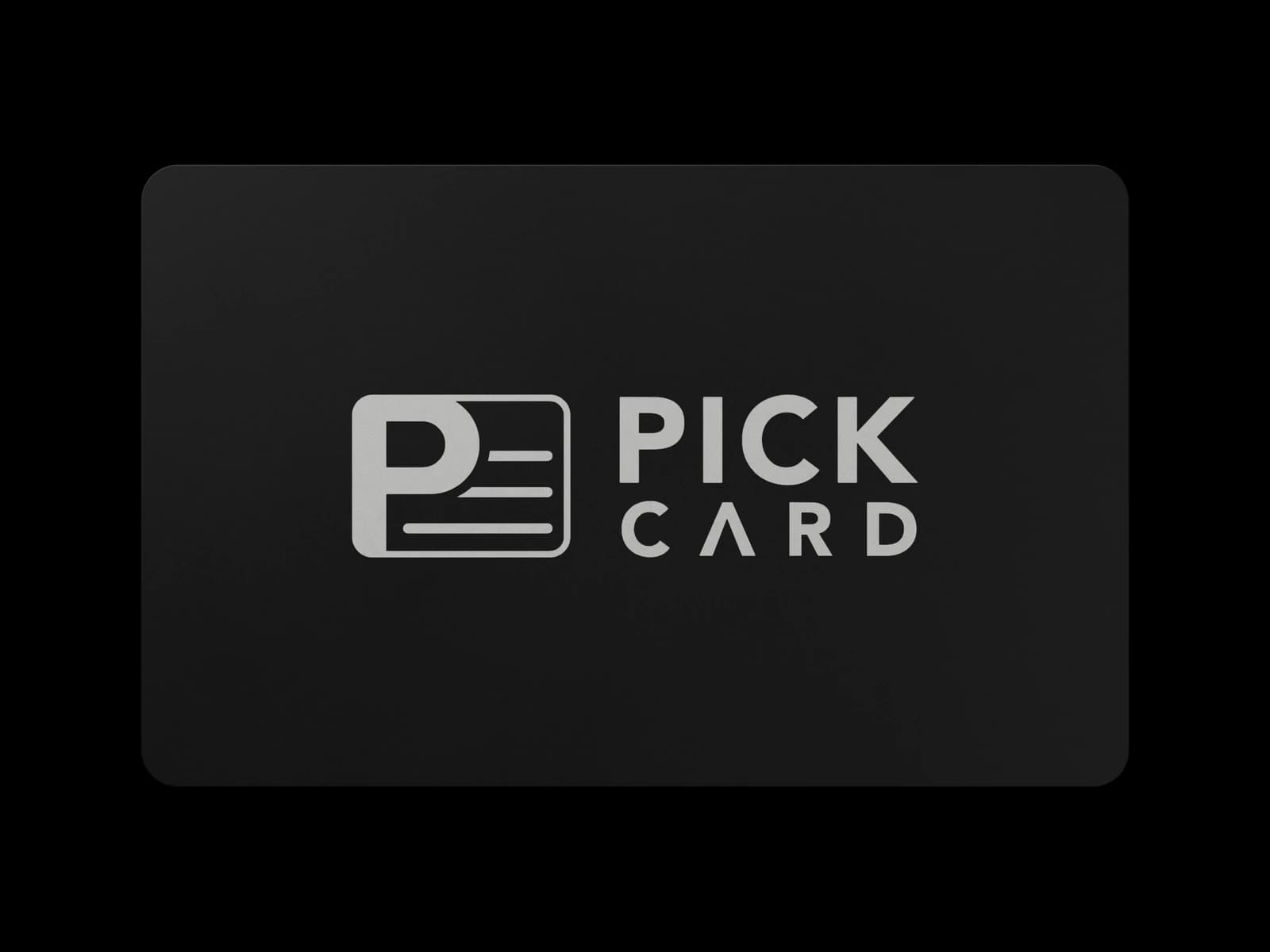 Front of a black Pick Card with the engraved Pick Card logo, shown flat like a design proof