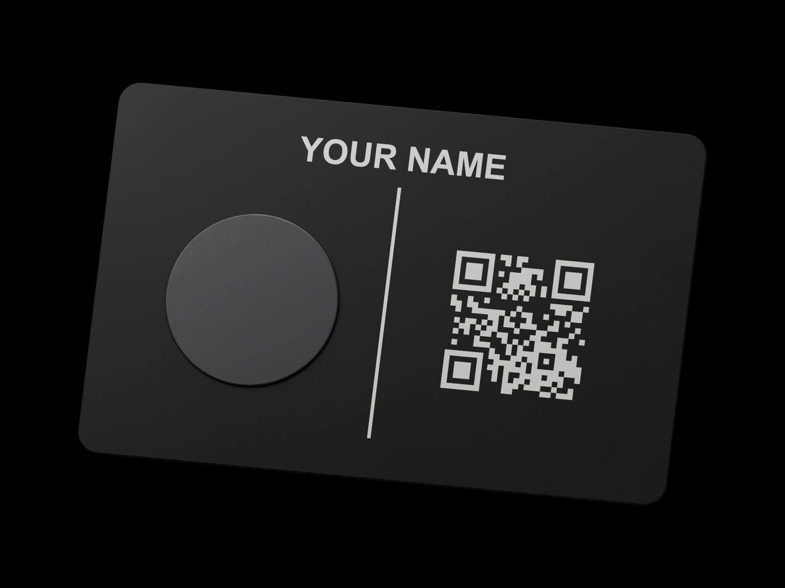 Back of a black Pick Card showing the round NFC area and engraved QR code
