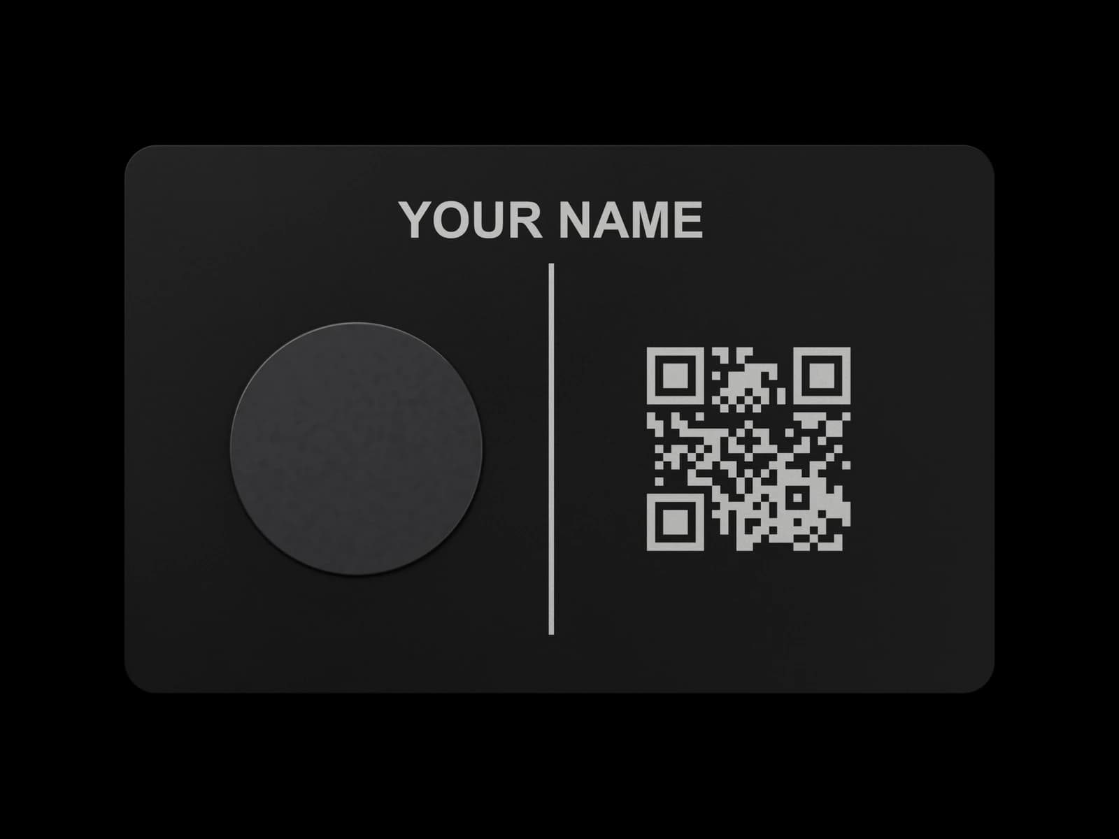 Back of a black Pick Card with a name engraved above the NFC area and QR code