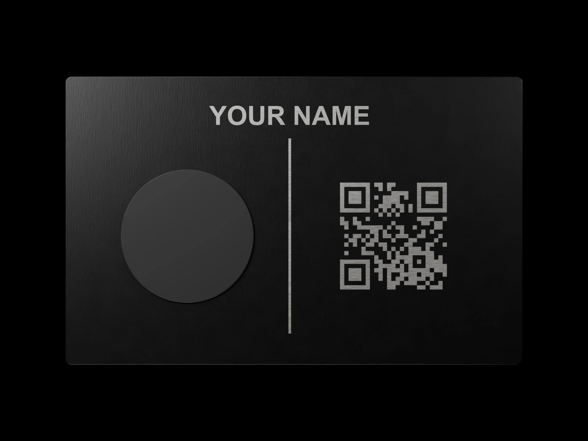 Current back render with the name, separate round NFC tag, engraved divider and QR code