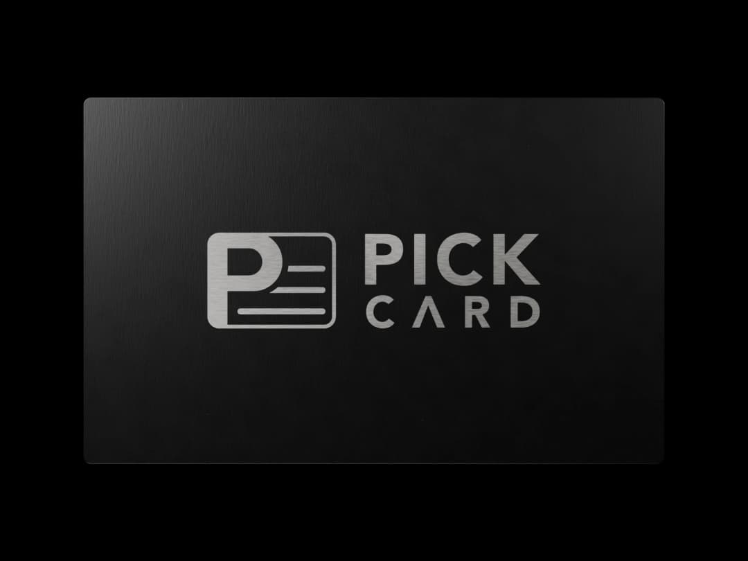 Front-facing render of the black metal Pick Card with a silver engraved logo