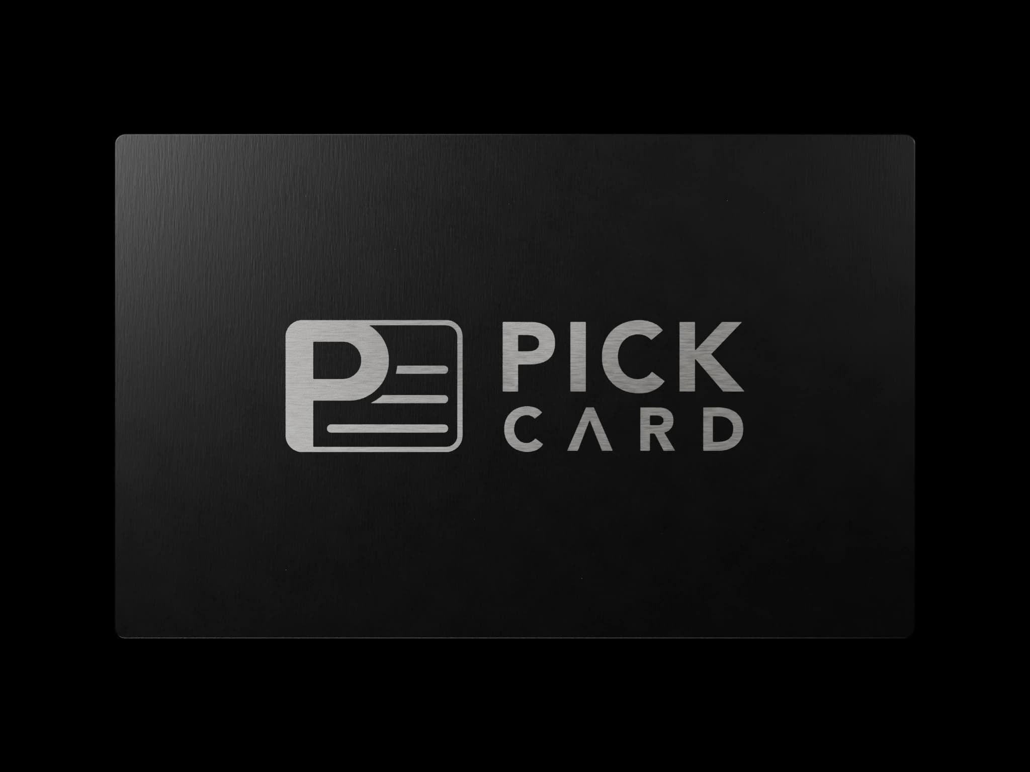 Front-facing render of the current brushed black metal Pick Card with a silver engraved logo
